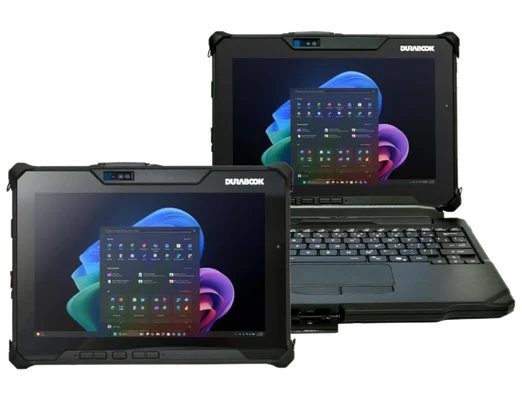 Durabook rugged tablet and laptop with Windows 11 interface on screens.