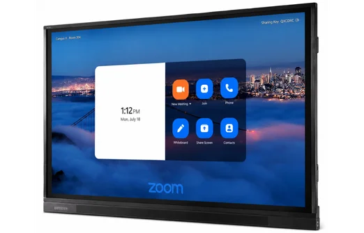 Interactive display showing Zoom meeting controls with time, date, and city skyline background.