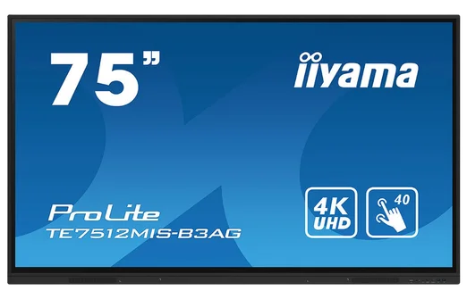 Iiyama 75-inch ProLite TE7512MIS-B3AG 4K UHD interactive touch screen display.