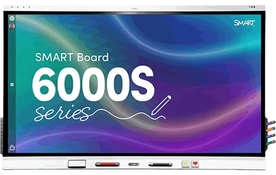 SMART Board 6000S series interactive display with stylus pens and buttons underneath the screen.