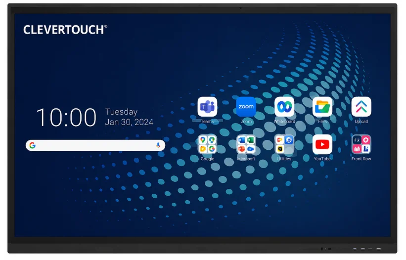 Clevertouch interactive screen showing apps like Teams, Zoom, Whiteboard, Files, YouTube, and Google search bar
