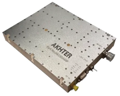Metal Akhter amplifier unit with multiple connectors and ventilation holes on the casing.