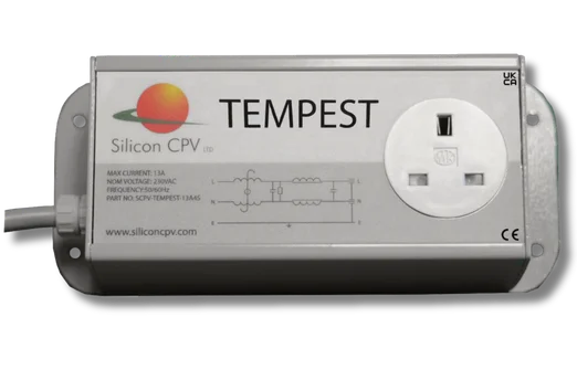 Tempest pluggable filter device from Silicon CPV with UK socket and technical specifications.
