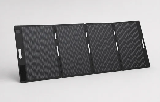 Folded black portable solar panel charger with four connected segments and carrying handle.