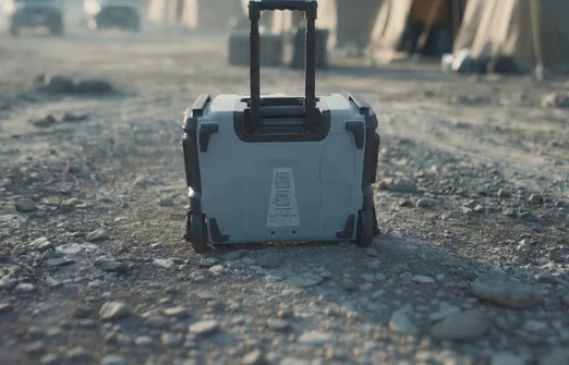 Gray wheeled suitcase with extended handle standing on rocky ground outdoors with tents in the background.
