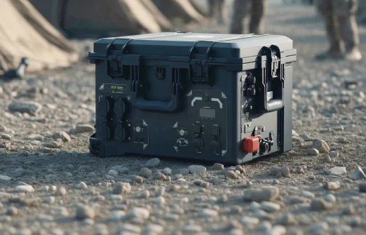 Black rugged equipment case with multiple connectors and controls on rocky ground outdoors.