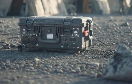 Black rugged protective case placed on textured rocky ground in an outdoor setting.
