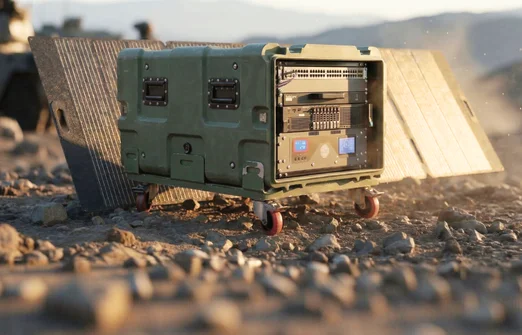 Portable green mobile data center with solar panels deployed on rocky ground outdoors.
