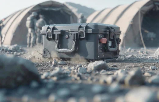 Black rugged case on rocky ground with military tents and soldiers blurred in background.