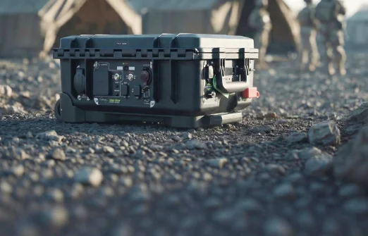 Black military-grade equipment case on rocky ground with soldiers blurred in background.