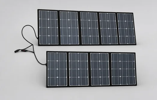 Two connected flexible solar panels with black frames and cables on a light gray surface.
