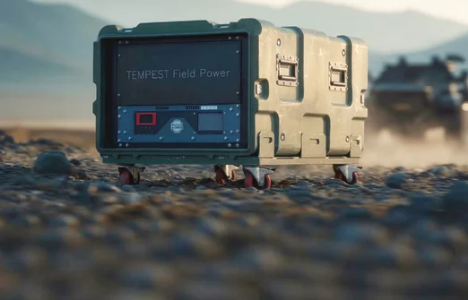 Military green portable TEMPEST Field Power unit on rocky ground with mountains in the background.