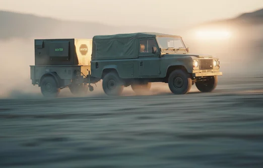 Military-style green off-road vehicle towing a large generator trailer on dusty terrain at sunset.