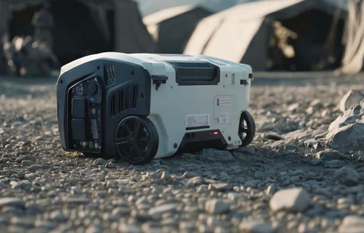 Portable power station with wheels on rocky ground near camouflage tents.