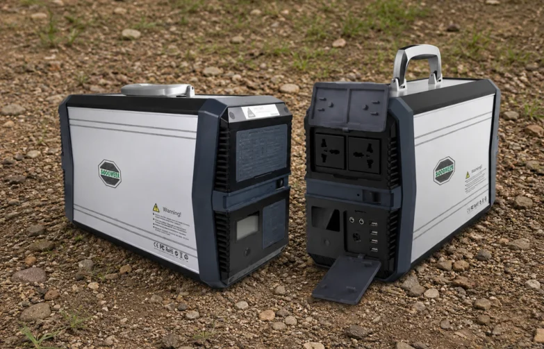 Two portable S900WEEL solar generators with multiple power outlets on rocky ground.