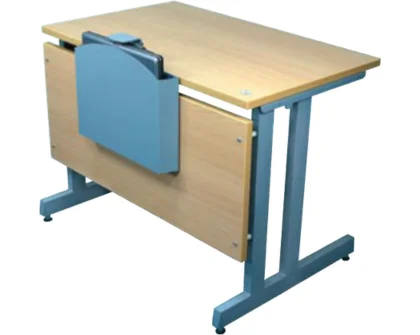 Foldable wooden and metal desk with a lockable attached panel on one side.