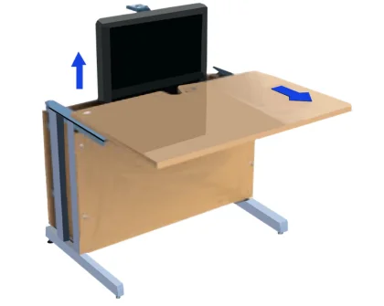 Adjustable desk with a hidden monitor sliding up and a desktop panel sliding sideways.