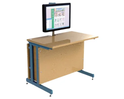 Wooden height-adjustable desk with a mounted computer monitor on a blue metal frame.
