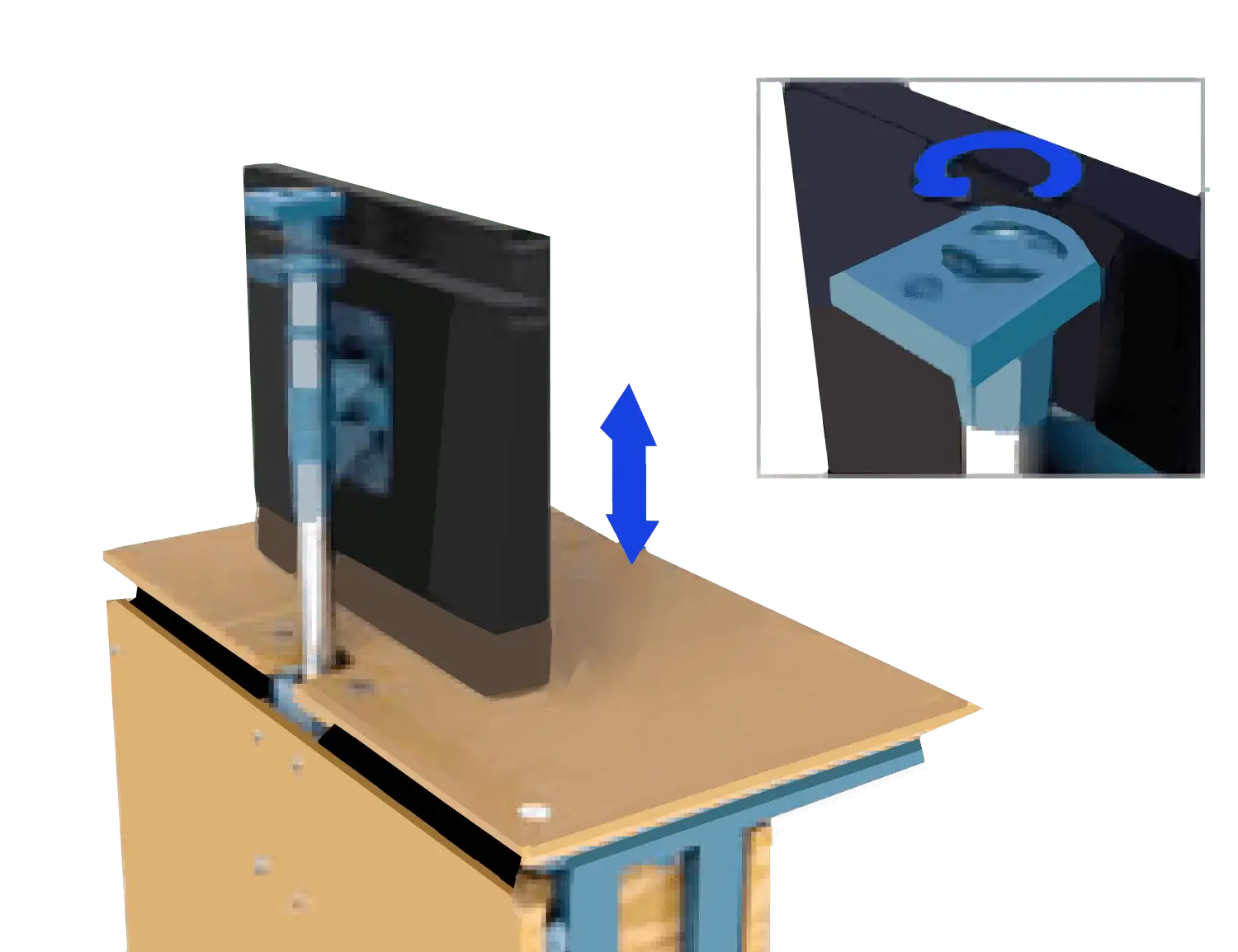 Desk with an adjustable monitor mount showing a blue height adjustment mechanism with an arrow.