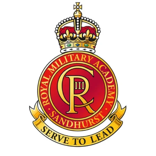 Crest of the Royal Military Academy Sandhurst with a crown and motto Serve to Lead.
