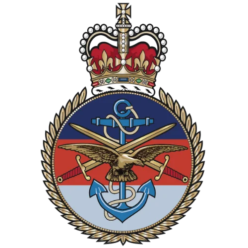 Emblem showing an eagle over crossed swords and an anchor with a crown and laurel wreath border.