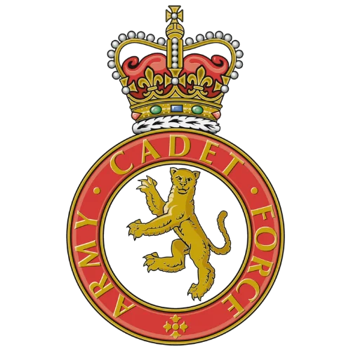 Combined Cadet Force emblem with three gold crowns on blue, red, and light blue sections in a red ring.