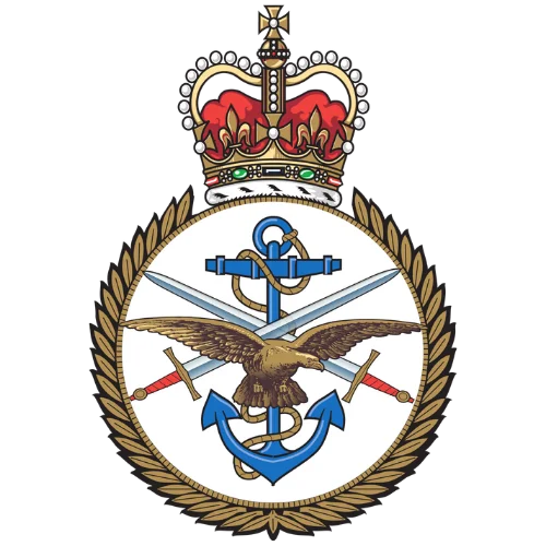 Royal Crown above an eagle with spread wings over crossed swords and blue anchor inside a laurel wreath.