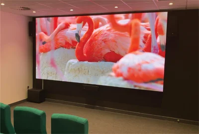 Indoor room with green chairs and a large LED screen showing a close-up of pink flamingos.