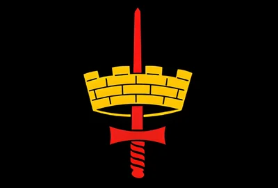 Yellow brick castle crown pierced by a red sword on a black background.