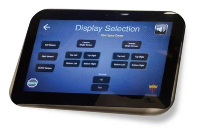Electronic control panel screen showing display selection options for multiple screen layouts.