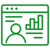 Icon showing a person with a headset in front of a computer screen with graphs, representing reliable managed services.