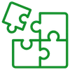 Green icon of four puzzle pieces fitting together, symbolizing tailored technology solutions.