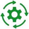 Green icon featuring a central circle with four outward arrows enclosed by a dotted circular border.