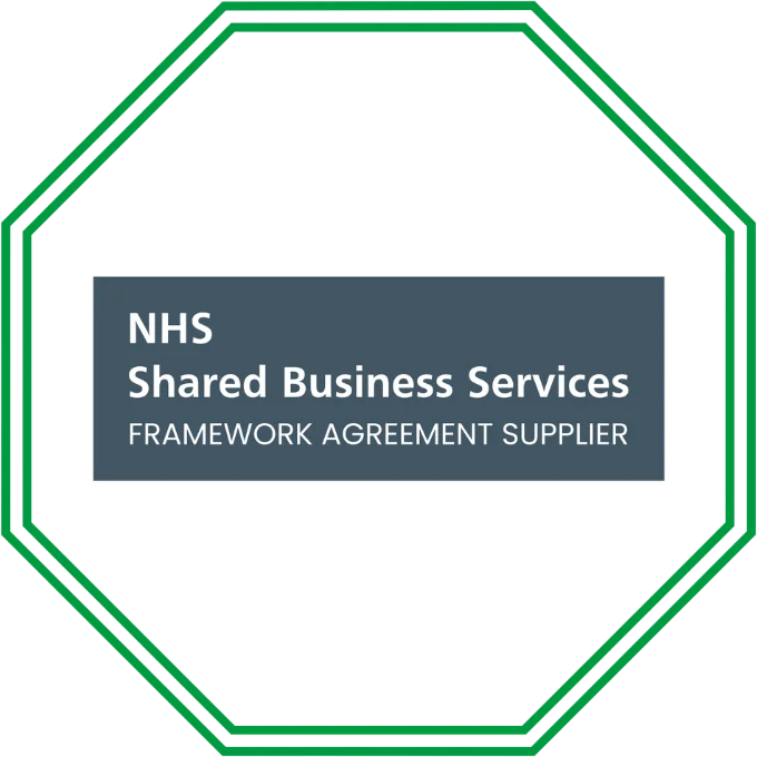 NHS Shared Business Services Framework Agreement Supplier badge with a green octagonal border.