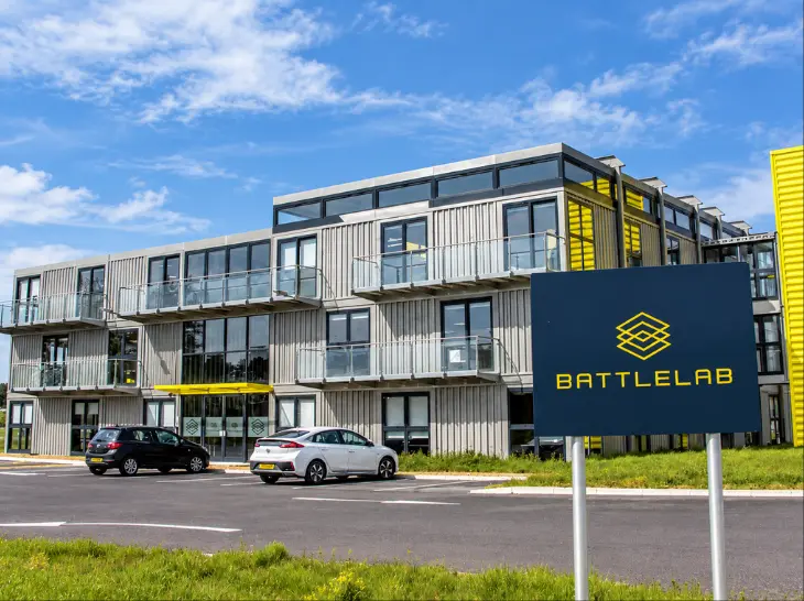 Modern building with a sign reading BATTLELAB in front and cars parked outside under a blue sky.