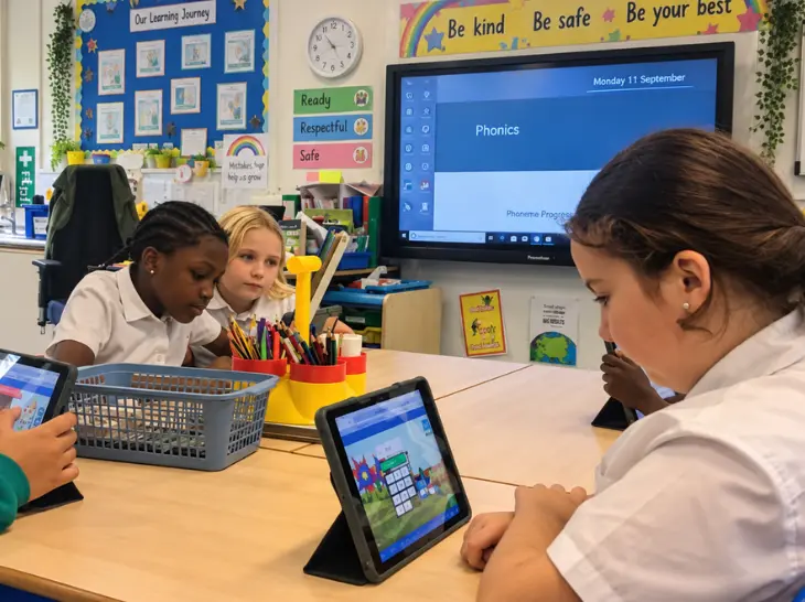 Students in school uniforms sitting around a table, using tablets in a classroom.