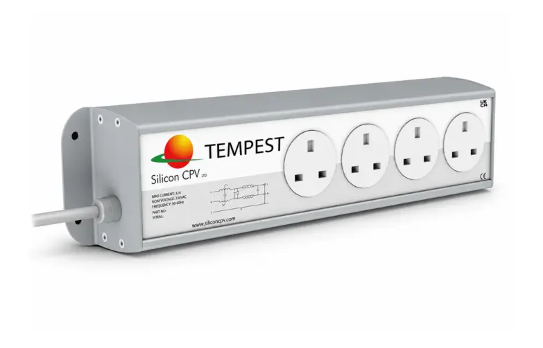 Rectangular silver power strip with four UK sockets and Silicon CPV Tempest branding.