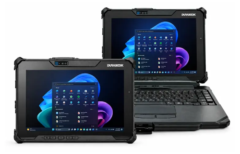 Durabook rugged tablet and laptop with Windows 11 interface on screens.