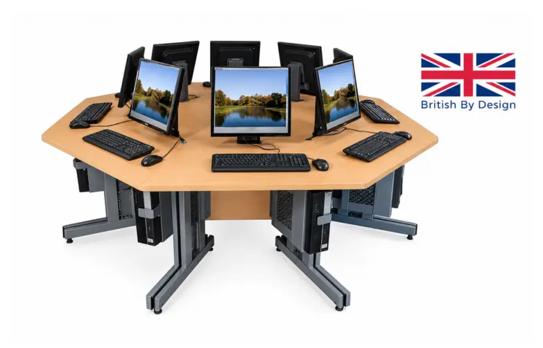 Octagonal modular IT desk setup with six workstations, keyboards, mice, and monitors.