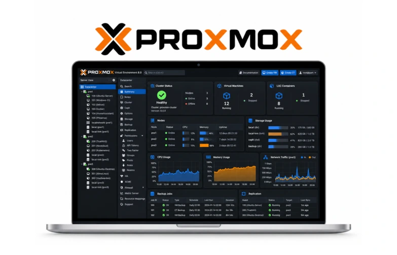 Laptop displaying a Proxmox virtualisation dashboard beneath the Proxmox logo, showing cluster status, virtual machines, containers, storage usage, CPU and memory graphs on a clean white background.