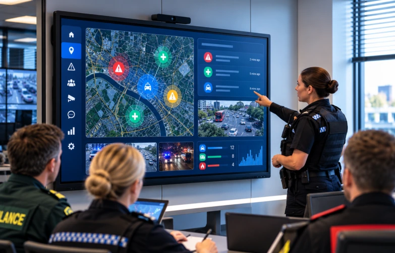 Police officer presenting an emergency response dashboard on a large interactive screen while ambulance, police and fire personnel attend a blue light sector briefing in a modern control room.