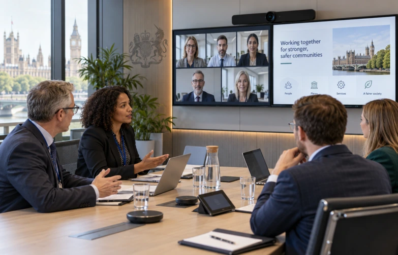 UK government officials participating in a hybrid meeting using video conferencing technology and large digital displays in a modern conference room.