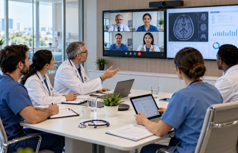 Healthcare professionals using video conferencing technology during a clinical team meeting, with doctors and nurses joining a remote consultation on large digital screens in a modern hospital meeting room.