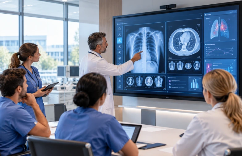 Doctor using a large interactive LED screen to display medical scans during a clinical team meeting with healthcare professionals in a modern hospital.