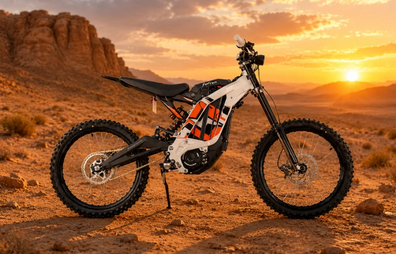 Viasat security solutions Sur Ron Light Bee electric off-road motorcycle with rugged tyres and lightweight frame, parked on rocky desert terrain at sunset.