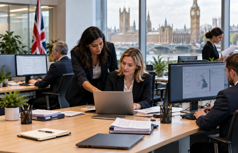 UK government employees using laptops and desktop computers in a modern office overlooking the Houses of Parliament in London.