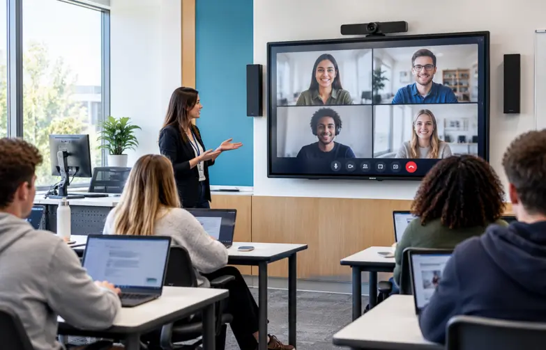 Viasat security solutions Students using laptops in a modern classroom while a teacher leads a video conference with remote participants on a large interactive display.