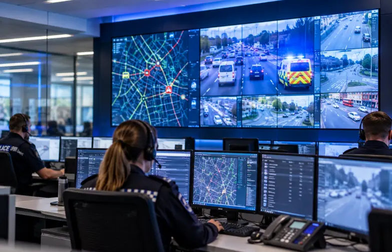 Emergency services control room with operators monitoring a large LED video wall displaying live traffic footage, incident maps and ambulance activity.