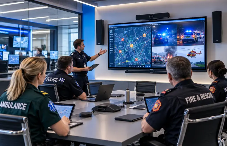 Police, fire and ambulance personnel using laptops and computers during an emergency response briefing in a modern control room with large digital monitoring screens.