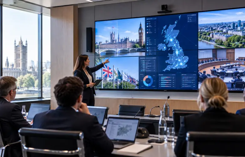 Government officials attending a briefing in a modern conference room featuring a large LED video wall displaying UK maps, data dashboards and government imagery.